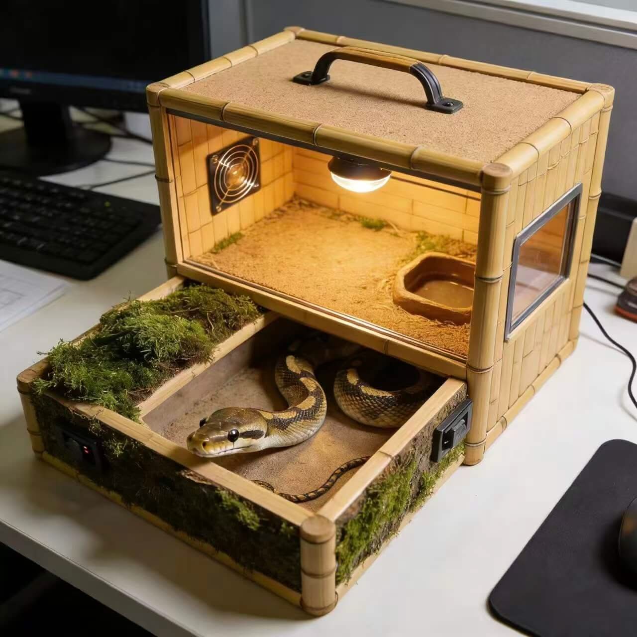 Portable Bamboo Heated Snake Hide: Pull-Out Tray, Built-In Water Dish for Snakes