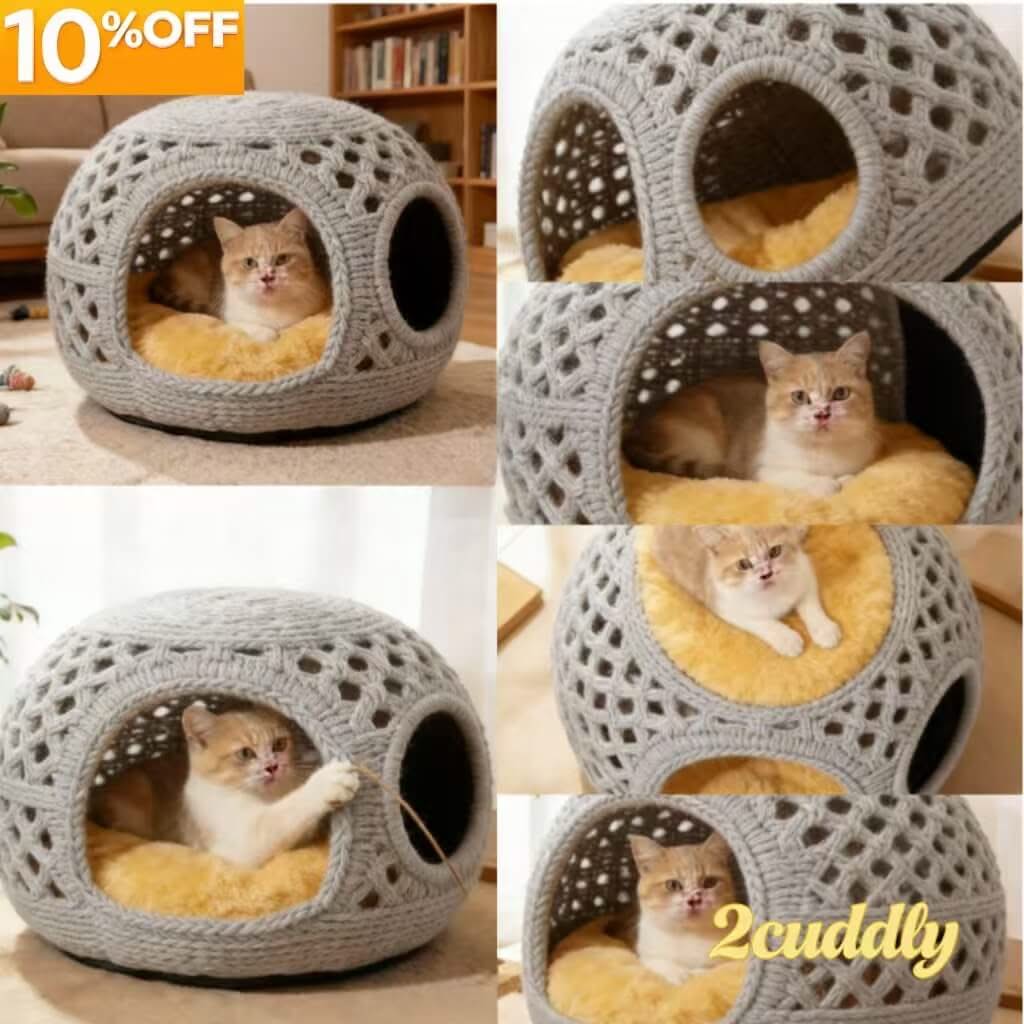 Crochet Pet Cave Bed for Cats - Gray, Breathable, Yellow Cushion, Cozy Hiding Spot