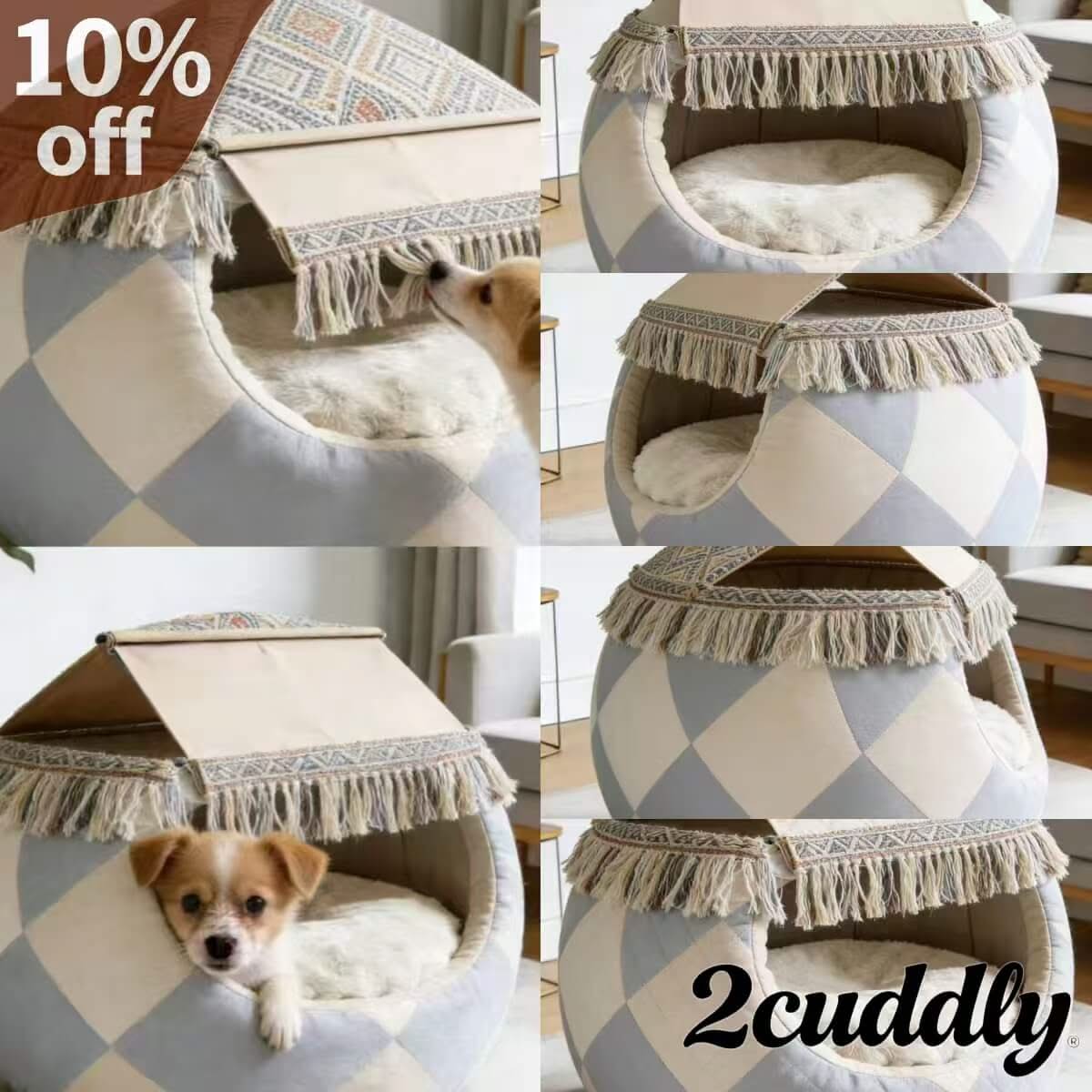 Dog Bed, Lidded Cave Type, Natural Fabric, Blue/White, Fringe Trim