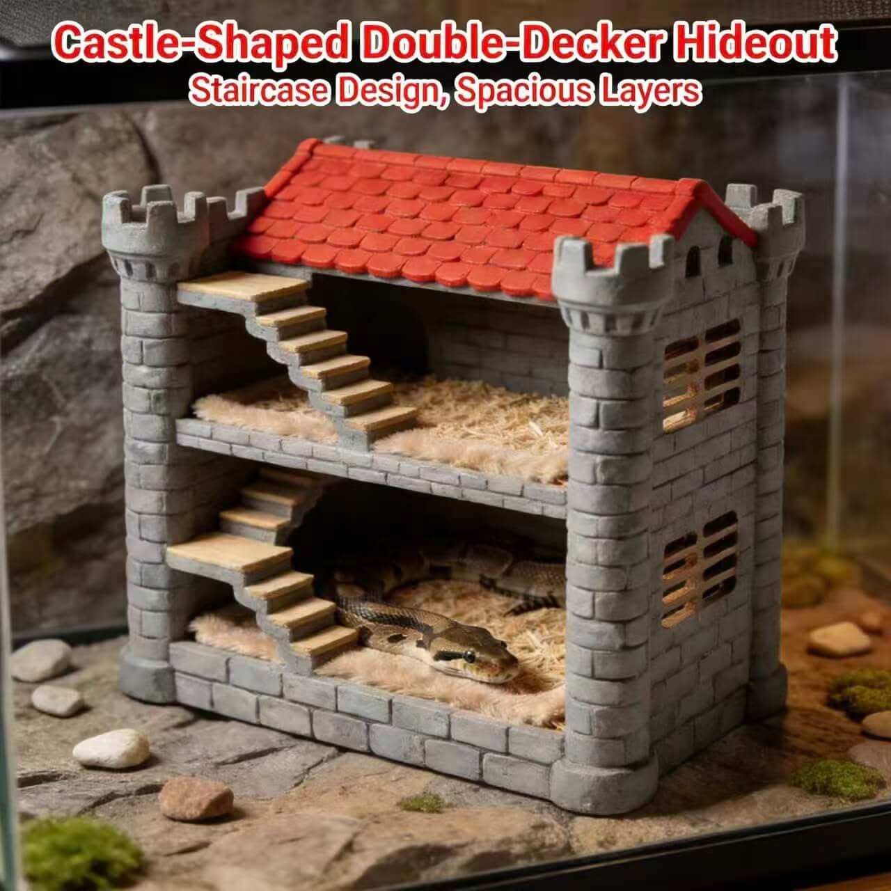 Castle-Style 2-Tier Snake Hide: Ventilated Slots, Cozy Lining for Snakes