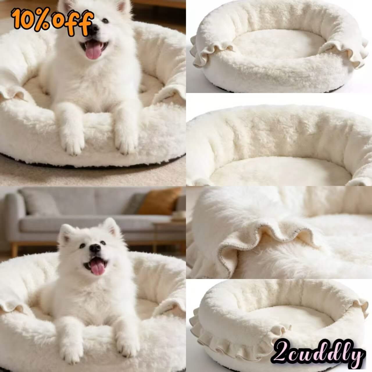 Bright & Airy Pet Bed for Dogs - White Ruffled, Fluffy Material, Breathable Design
